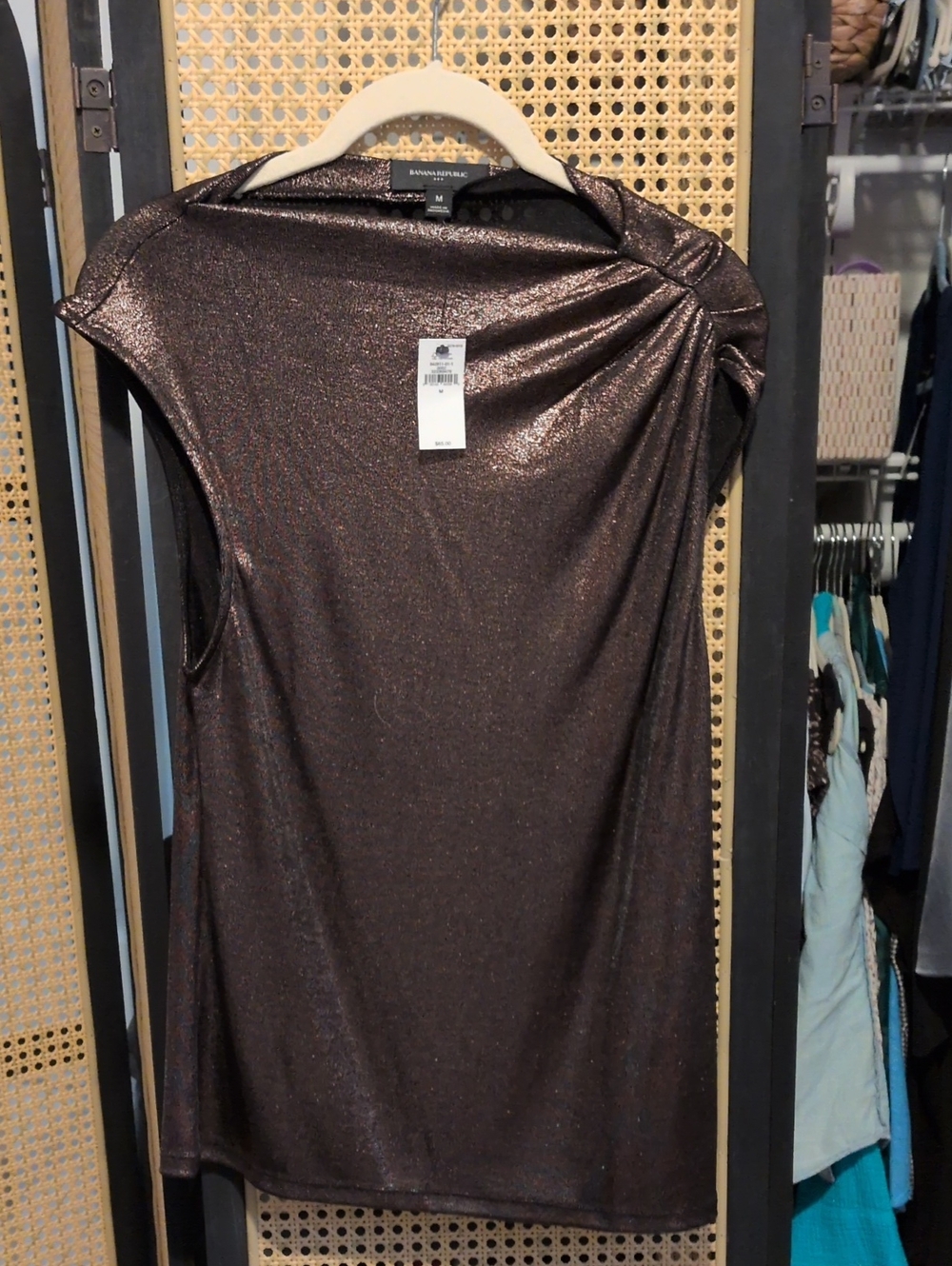 Metallic Brown Twist-Shoulder Women’s Dress